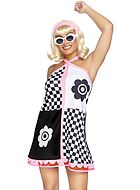 60s babe, costume dress, halterneck, flowers, checkered pattern